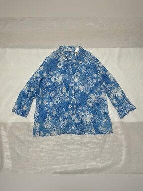 Women's Blue Floral Button-Front Shirt - Lightweight Collared Top Sz:XL